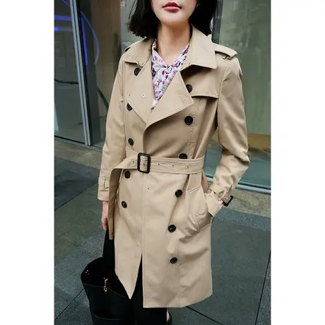 2023新款女装复古简约百搭西装领双排扣系带女士中长款风衣外套女图片