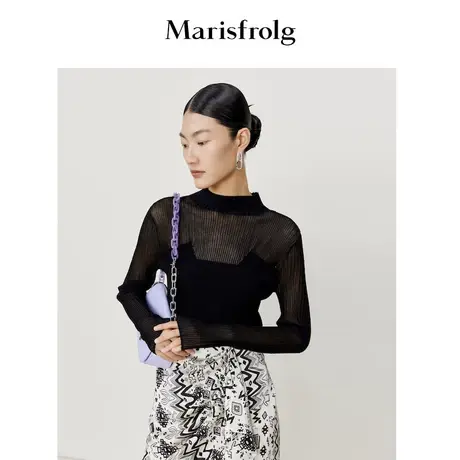 【环保弹力】玛丝菲尔春季新款黑色半高领毛针织衫打底内搭图片