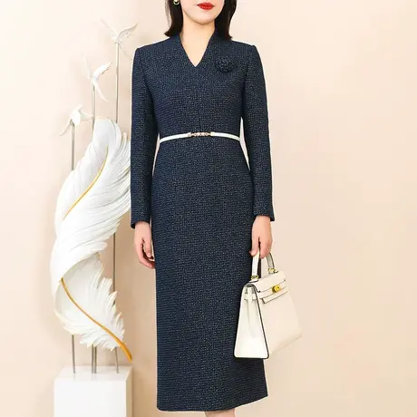 蓝色粗花呢小香风连衣裙女春秋2024新款简约时尚修身显瘦长袖裙子图片