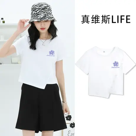 真维斯LIFE白色短袖t恤女夏季不规则原创设计感圆领纽扣短款上衣商品大图