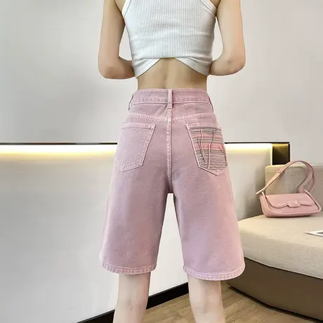 脏粉色阔腿牛仔短裤女夏季薄款高腰宽松直筒休闲小个子五分裤中裤商品大图