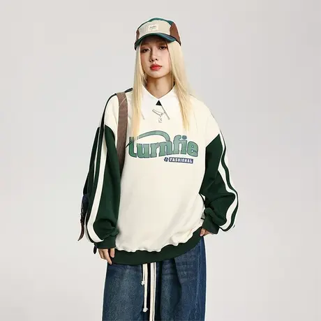 美式复古卫衣女2023新款春秋款潮牌圆领拼接宽松oversize长袖上衣商品大图