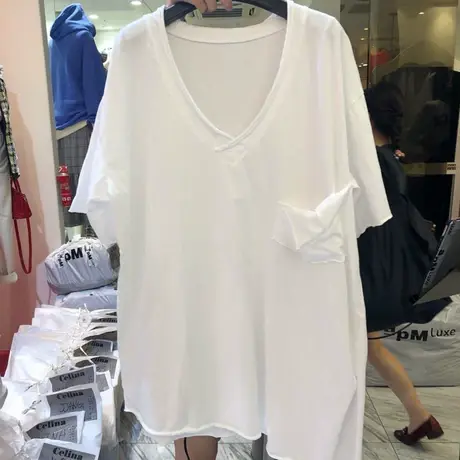 短袖t恤女2020新款女装韩版ins潮学生宽松纯色简约V领半袖上衣服商品大图