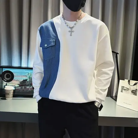 2024秋季时尚休闲拼接拼色圆领简约长袖套头原宿ins个性卫衣外套商品大图