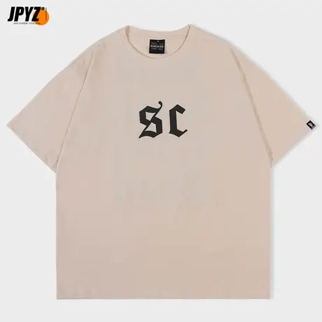 国潮复古简约字母印花短袖T恤男五分夏季宽松运动情侣休闲半袖tee图片