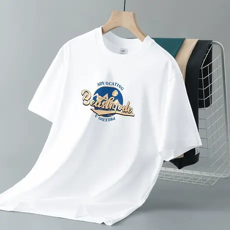 重磅纯棉短袖t恤男夏季印花圆领上衣服美式宽松全棉半袖白色体恤商品大图