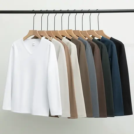 白色t恤男长袖秋冬潮流V领上衣服纯色内搭打底衫加绒加厚保暖小衫商品大图