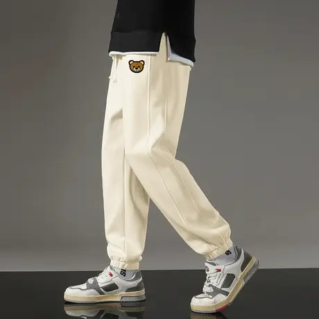 休闲长裤子男秋冬款加绒运动裤加绒九分小脚束脚小熊卫裤宽松百搭商品大图