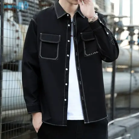 秋冬季衬衫男韩版纯色牛仔工装长袖帅气宽松外套休闲衬衣夹克痞帅商品大图