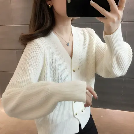 2024春季新款小众复古双排扣V领针织衫慵懒风宽松开衫毛衣外套潮商品大图