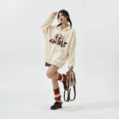 美式复古连帽卫衣开衫外套女拉链2024新款春秋宽松印花ins潮商品大图