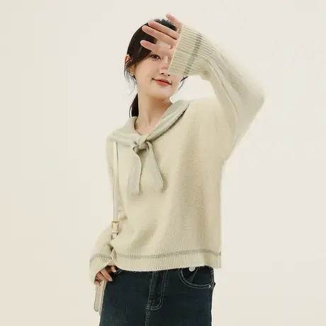 韩潮袭人海军领拼色针织衫女2023秋冬新款休闲假两件披肩长袖上衣商品大图