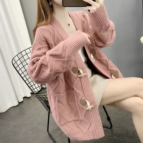 毛衣女秋冬外穿针织开衫2024年新款百搭牛角扣外套春秋款宽松加厚图片