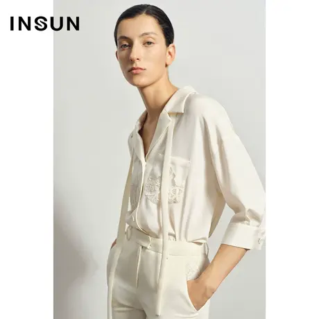 INSUN恩裳夏季弹力立体绣花飘带衬衫图片