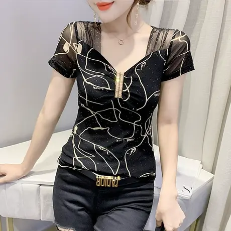 女装2023新款潮性感V领T恤女短袖夏复古印花上衣洋气显瘦网纱小衫商品大图