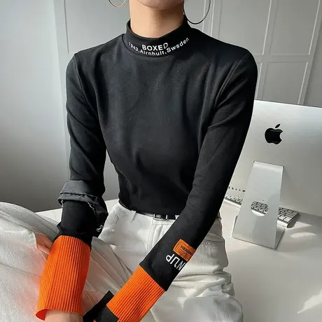 秋冬加绒打底衫女内搭洋气撞色半高领T恤长袖加厚保暖刺绣上衣潮商品大图