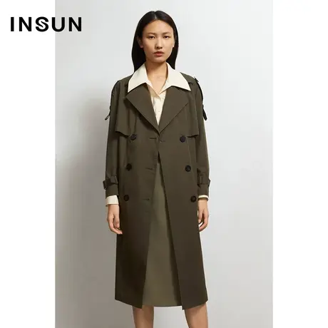INSUN恩裳秋季军绿色双排扣都市长款风衣图片