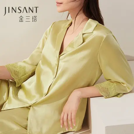 礼物】金三塔真丝睡衣女桑蚕丝V领中袖蕾丝舒适衣裤套家居服图片