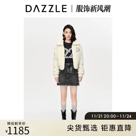 DAZZLE地素奥莱白色休闲羊毛绒翻毛领短款毛呢外套毛绒外套女图片