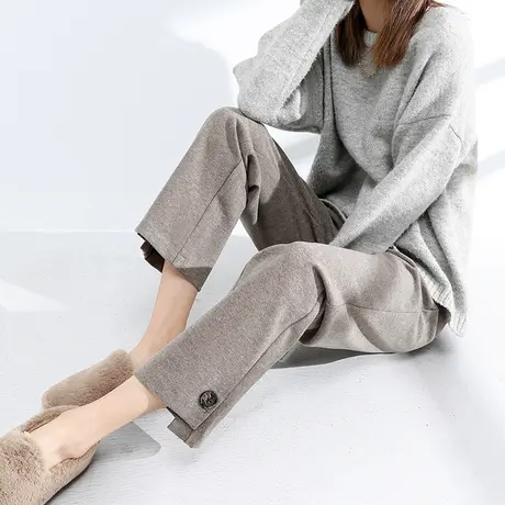 毛呢裤子女秋冬款宽松阔腿裤高腰垂感加厚九分微喇烟管直筒休闲裤商品大图