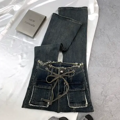 腰头毛边抽绳牛仔喇叭裤女2023秋冬新款小众薄绒弹力包臀马蹄长裤商品大图