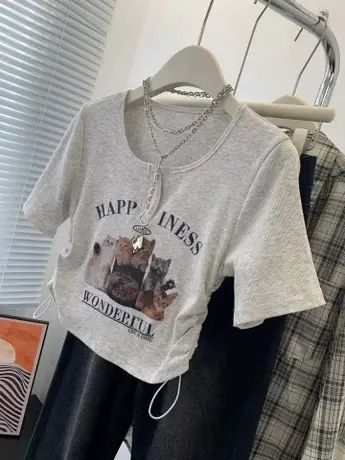 猫咪美式纯欲风修身白色短款短袖T恤女夏季甜辣露脐正肩抽绳上衣图片