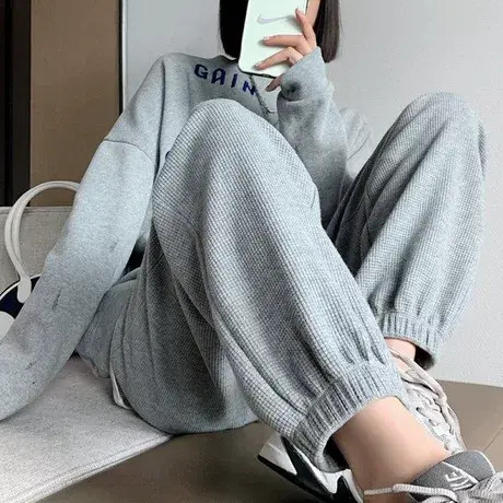 华夫格运动裤女裤子春秋2024新款休闲小个子束脚九分卫裤夏季薄款商品大图