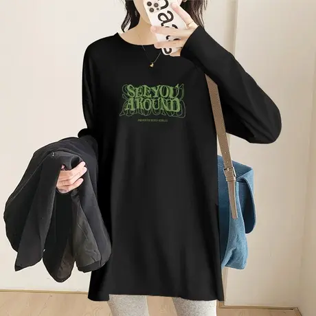 黑色t恤女中长款宽松显瘦内搭2022年秋季新款磨毛加厚纯棉打底衫图片