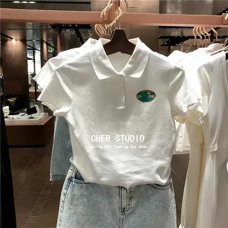 短袖t恤女2021夏季新款青春女装polo衫白色体恤花边百搭短款上衣商品大图