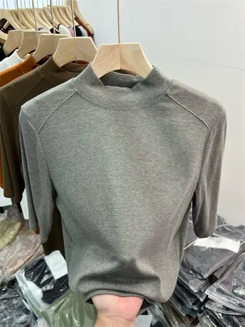 法式纯色五分袖针织衫半高领修身上衣小衫女2023秋简约气质打底衫商品大图