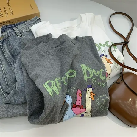 卡通印花磨毛棉加厚圆领宽松长袖T恤打底衫女春季慵懒风上衣T恤女商品大图