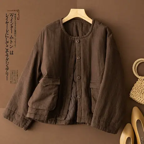 享永子【潇洒通勤日】休闲圆领亚麻棉服棉衣短款文艺复古上衣宽松图片