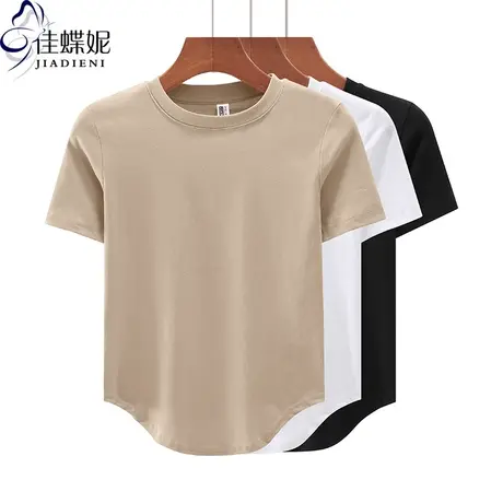 夏季新款韩版圆领修身纯棉纯色下摆圆弧短袖体恤上衣内搭女打底衫图片