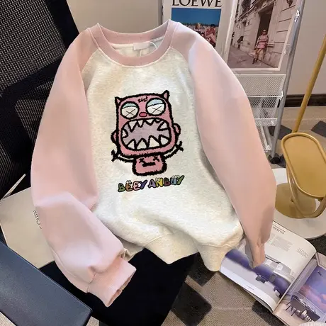 秋冬圆领卫衣女oversize小众慵懒风加绒外套ins粉色撞色长袖上衣图片