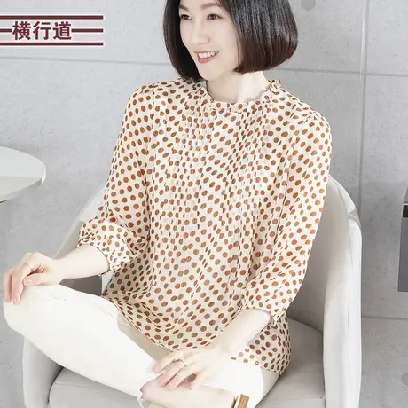 圆领宽松波点雪纺七分袖上衣2025新款春装休闲大码外穿女上衣小衫商品大图