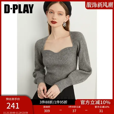 DPLAY秋季复古美背宫廷领时尚灰色软糯亲肤套头针织毛衣商品大图