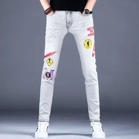2023男款秋冬新款牛仔裤男高端烫钻花修身小脚潮牌浅灰色休闲裤子商品大图