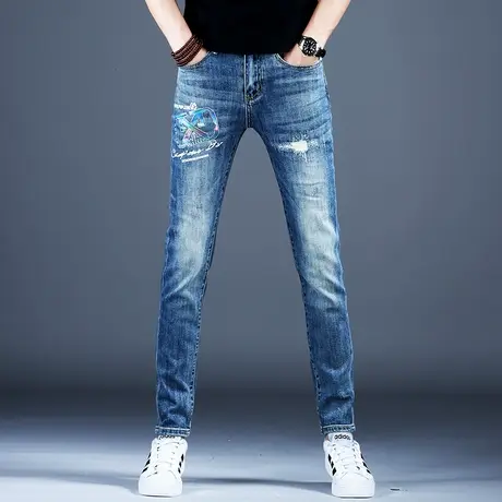 男士破洞牛仔裤男款小脚修身裤子男潮流秋冬新款美式高街弹力时尚商品大图