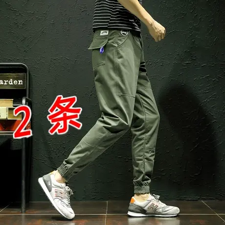 男裤夏季薄款束脚裤绿色工装纯棉休闲裤宽松紧九分裤子青少年学生商品大图