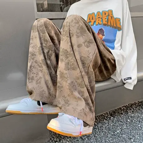 灯芯绒高街扎染休闲裤男夏季宽松chic日系复古坠感直筒阔腿长裤子商品大图