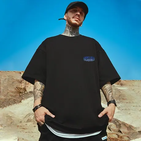 高街潮牌宽松T恤简约短袖男加肥加大五分袖纯棉肥佬大码男装夏季图片