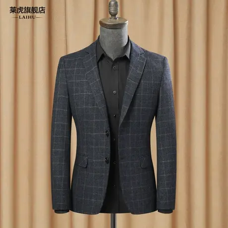 秋冬新款休闲西装男士外套韩版潮流帅气百搭格子小西服男修身上衣商品大图