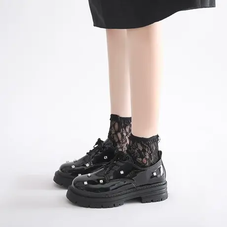 黑色厚底增高春秋小皮鞋女2023新款百搭复古英伦风系带圆头单鞋子商品大图