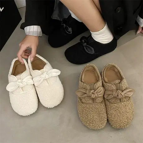 豆豆鞋女2023年新款秋冬季平底一脚蹬瓢鞋百搭蝴蝶结轻便奶奶鞋潮商品大图