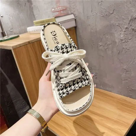 网红帆布半拖鞋女外穿ins潮2024新款夏时尚爆款一字拖鱼嘴凉拖鞋商品大图