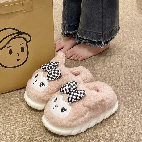 可爱蝴蝶结猫咪棉拖鞋女士冬季室内居家月子保暖毛绒厚底包跟棉鞋商品大图
