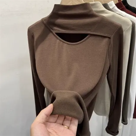 辣妹小心机镂空长袖T恤女冬季拼接设计感小众修身半高领德绒上衣商品大图