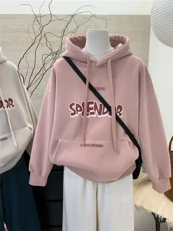 2023冬季新款韩版宽松百搭复古字母加绒加厚连帽卫衣女百搭上衣商品大图