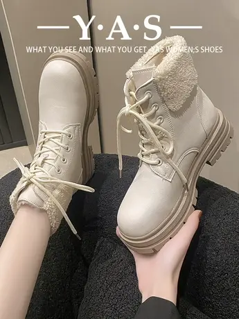 加绒保暖厚底马丁靴女2023冬季新款英伦风机车复古羊羔毛雪地靴图片