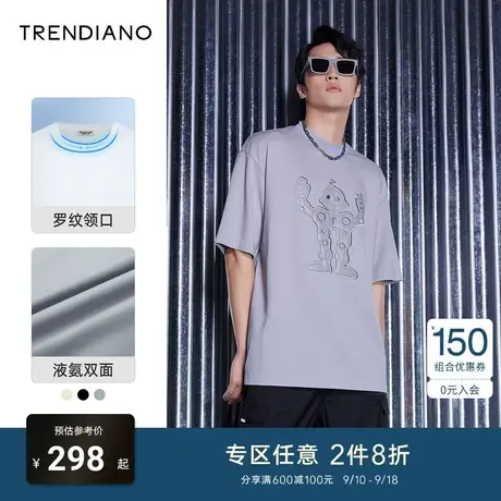 TRENDIANO短袖情侣t恤夏季新款潮牌男装宽松圆领美式复古黑色男款商品大图